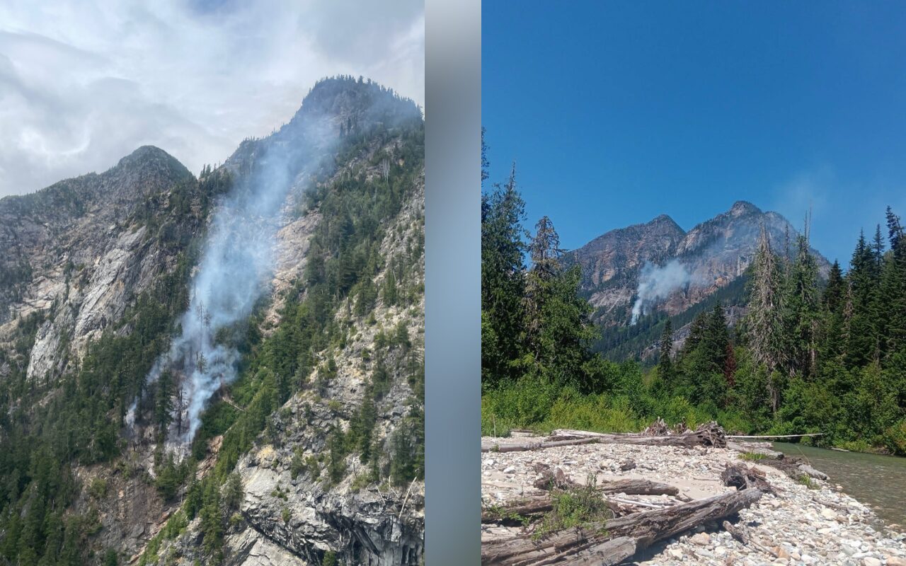 Split landscape: left shows a rugged mountain slope with a wildfire smoke plume; right shows a forested riverbank with distant smoke.