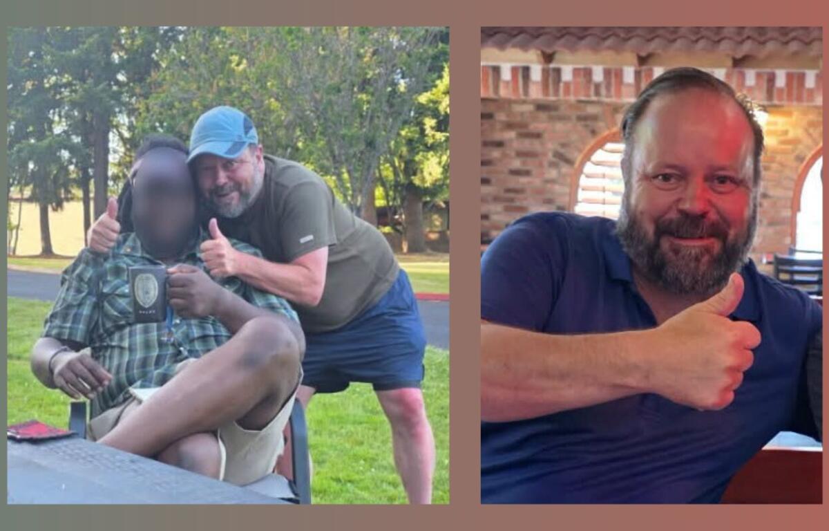 Left panel: two men outdoors, one seated with a mug and a blurred face, both giving thumbs up. Right panel: bearded man in a blue shirt indoors at a brick-walled setting, giving a thumbs up.