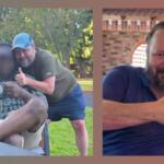 Left panel: two men outdoors, one seated with a mug and a blurred face, both giving thumbs up. Right panel: bearded man in a blue shirt indoors at a brick-walled setting, giving a thumbs up.