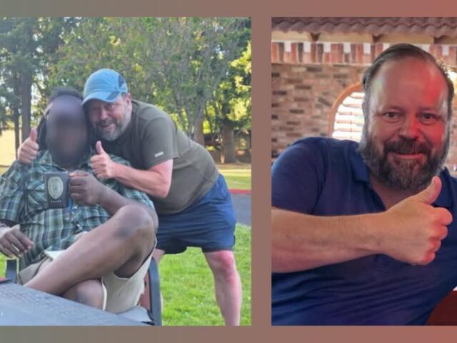 Left panel: two men outdoors, one seated with a mug and a blurred face, both giving thumbs up. Right panel: bearded man in a blue shirt indoors at a brick-walled setting, giving a thumbs up.
