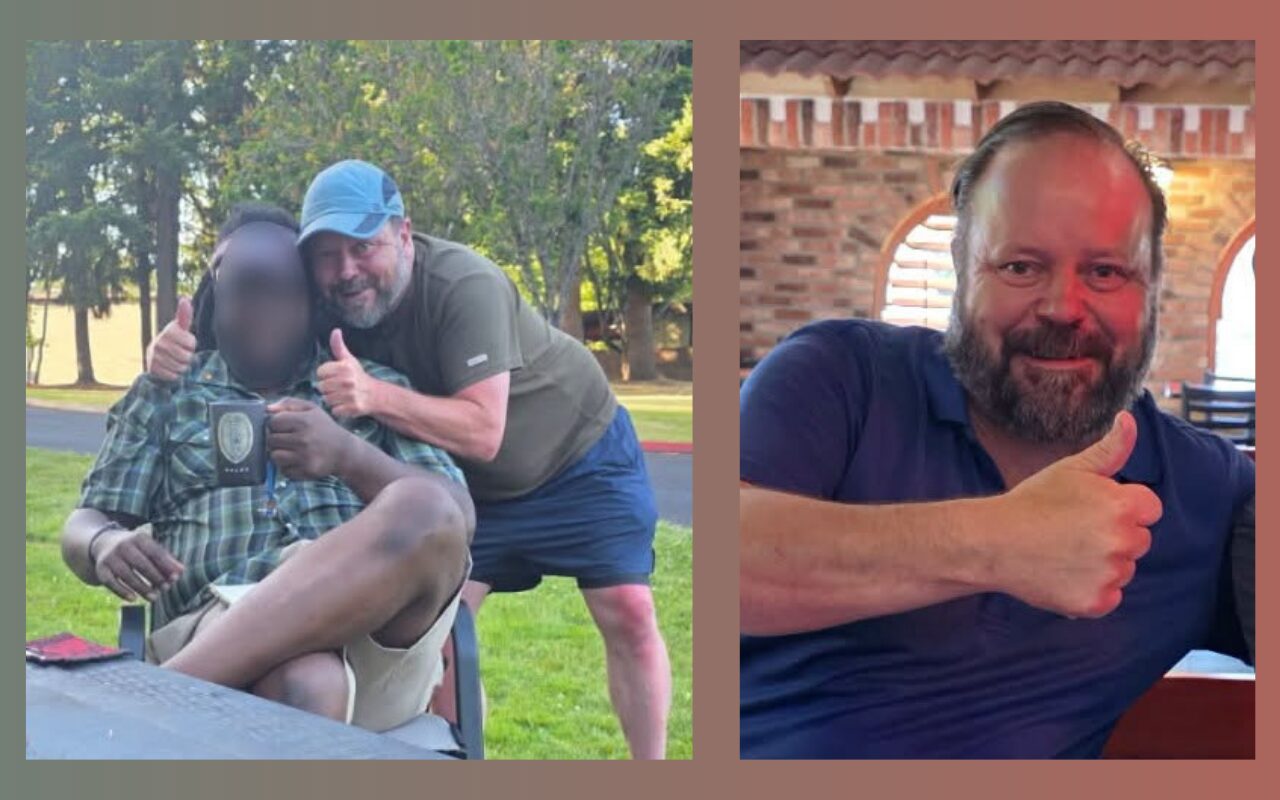 Left panel: two men outdoors, one seated with a mug and a blurred face, both giving thumbs up. Right panel: bearded man in a blue shirt indoors at a brick-walled setting, giving a thumbs up.