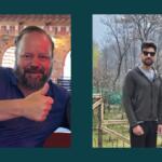 Two men posing for photos side by side: left man with a beard giving a thumbs up indoors, wearing a navy polo; right man wearing a gray hoodie and sunglasses outdoors.