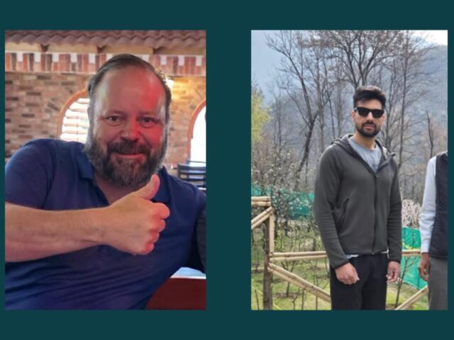 Two men posing for photos side by side: left man with a beard giving a thumbs up indoors, wearing a navy polo; right man wearing a gray hoodie and sunglasses outdoors.