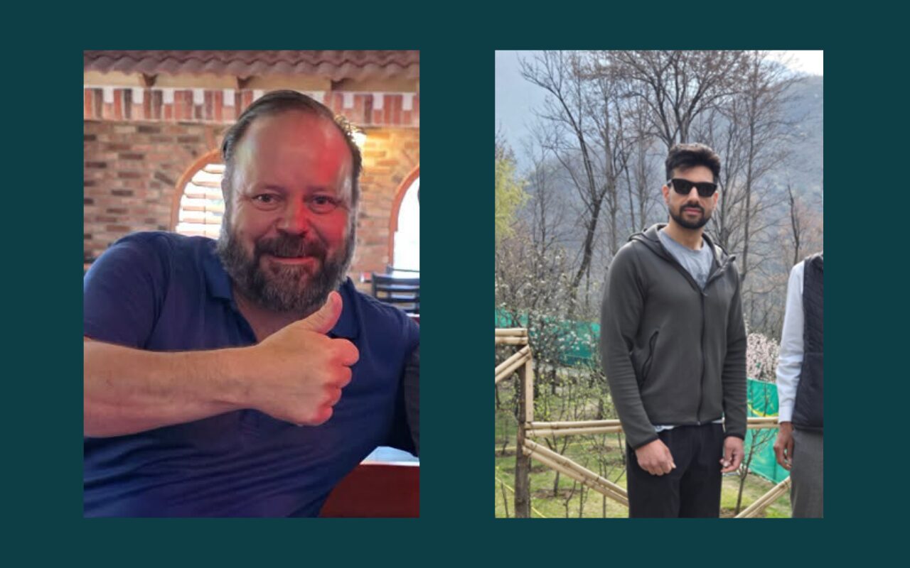 Two men posing for photos side by side: left man with a beard giving a thumbs up indoors, wearing a navy polo; right man wearing a gray hoodie and sunglasses outdoors.