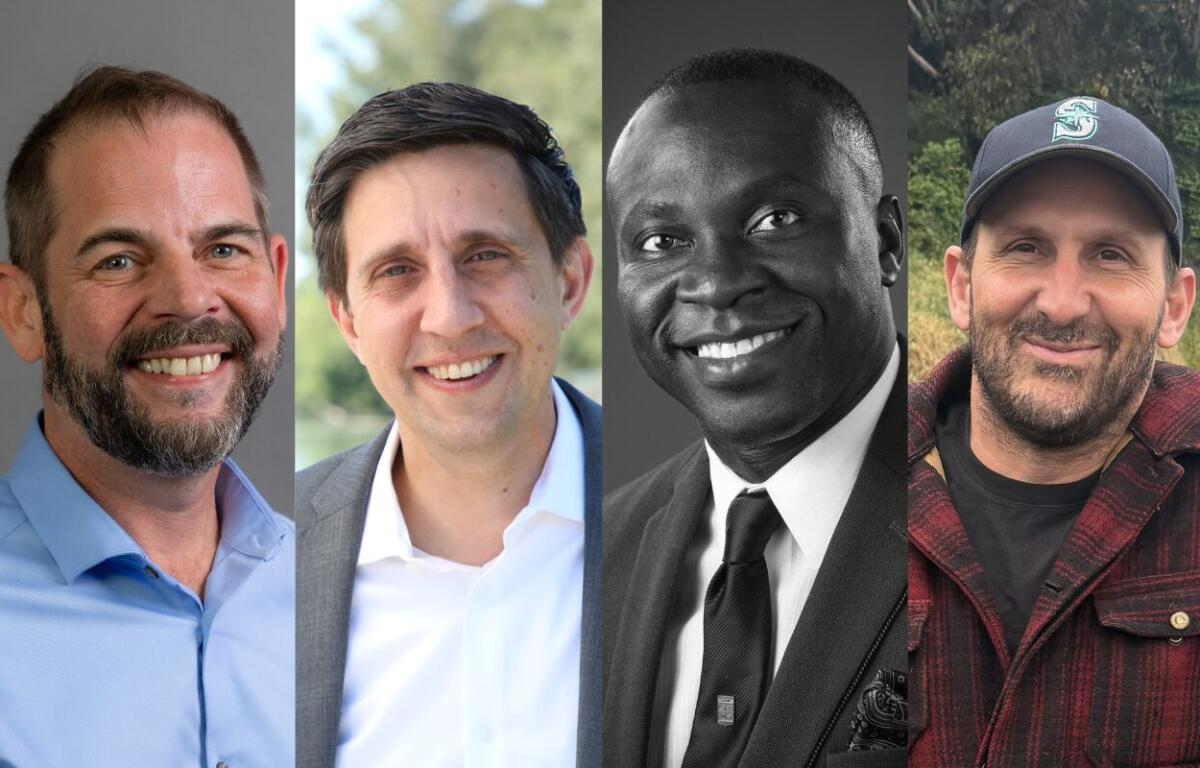 Collage of four smiling men from left to right: bearded in a light blue shirt, blazer with white shirt, Black man in a suit and tie (black-and-white), and man in a cap with a red plaid jacket outdoors.