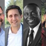 Collage of four smiling men from left to right: bearded in a light blue shirt, blazer with white shirt, Black man in a suit and tie (black-and-white), and man in a cap with a red plaid jacket outdoors.