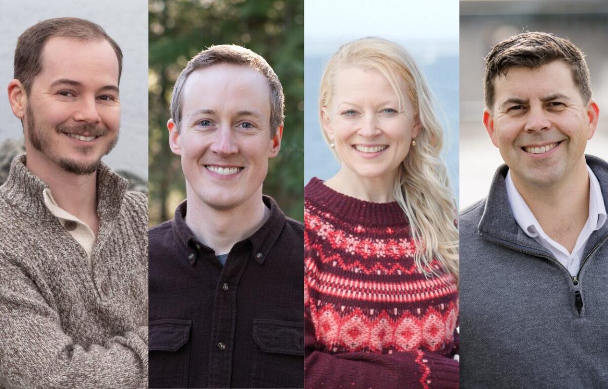 Four smiling adults in a four-panel collage, posing as a team photo.