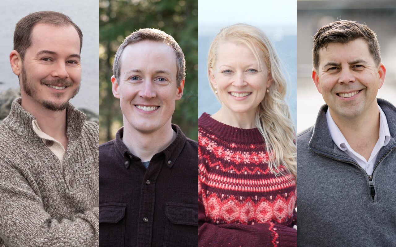 Four smiling adults in a four-panel collage, posing as a team photo.