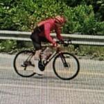 Cyclist wearing a red jersey rides a road bike along a paved road beside a guardrail with green foliage in the background, motion blurred to show speed