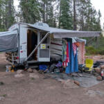 Camper trailer set up in a forest clearing with a clothesline and outdoor seating area under an awning.