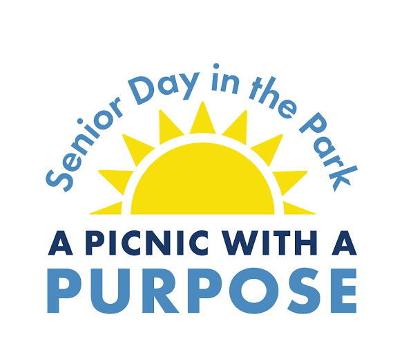 Logo for Senior Day in the Park featuring a yellow sun with rays and the slogan 'A PICNIC WITH A PURPOSE'.